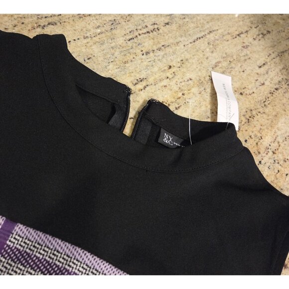 New! Mock Neck Purple Red Gray Plaid NY&Co. Dress Sz XL Pockets Academia Midi - Picture 9 of 16